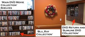 Photo of the area near the Blue Skies of Texas library where the main DVD movie shelves, Blue Ray Collection, and Slimline Collections are located.