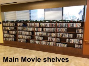 Photo of the area near the Blue Skies of Texas library where the main DVD movie shelves are located.