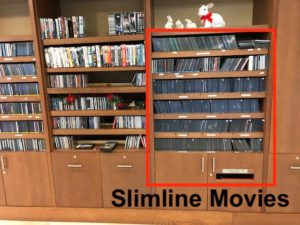 Photo of the area near the Blue Skies of Texas library where the Slimline style DVD movies are located.