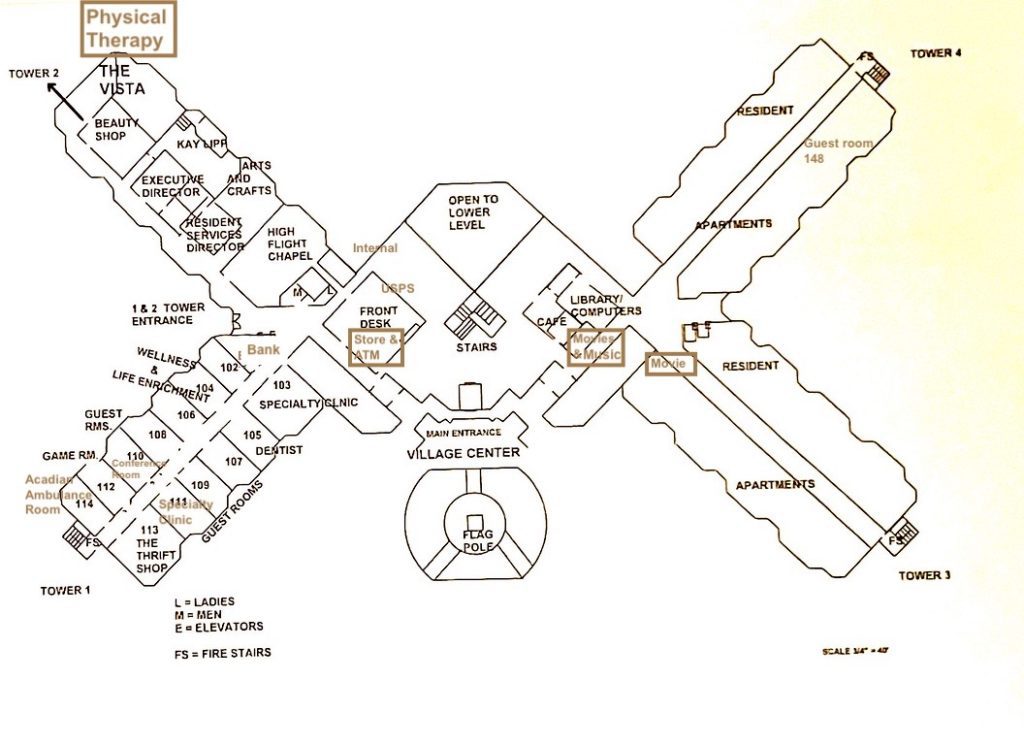 Diagram of the Blue Skies of Texas Towers Main Level showing locations of a variety of offices and services.