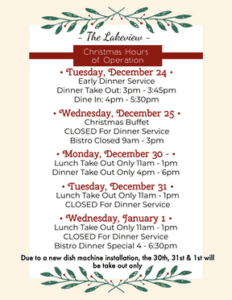 Christmas Dining Hours of operation. Links to PDF with details.